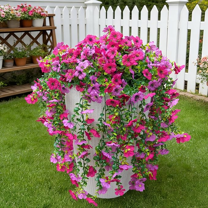 Fanfantoey 4Pcs Artificial Flowers for Outdoors, UV Resistant Fake Flowers, Realistic Artificial Hanging Flowers, Fake Plants Silk Daisy Vines for Spring Summer Outdoor Decor(Fuchsia,Hot Pink)