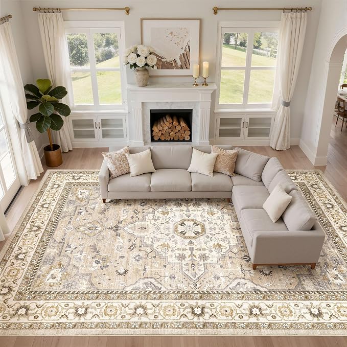10x14 Area Rugs Living Room: Washable Boho Large Neutral Vintage Soft Rug Stain Resistant Farmhouse Non-Slip Indoor Floor Carpet for Bedroom Nursery Kids Playroom Office Dining Room- Beige Grey
