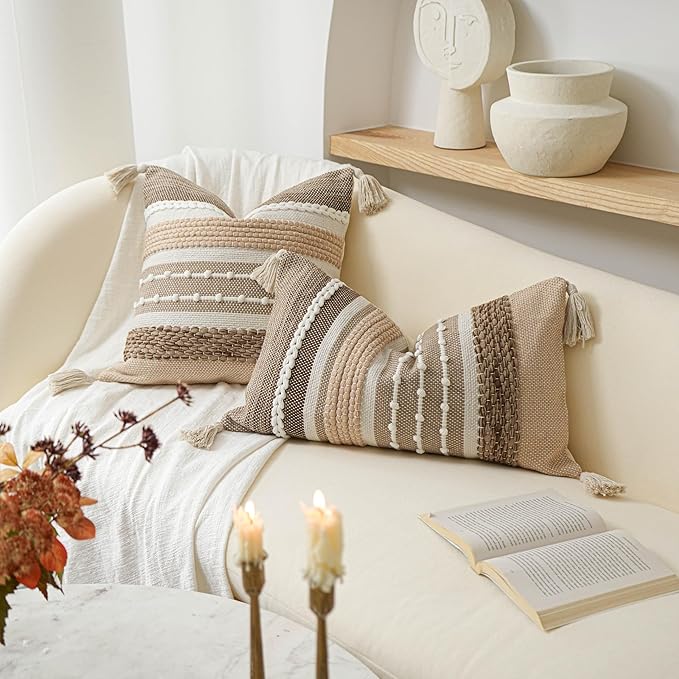 BlissBlush Boho Decorative Throw Pillow Cover 22x22 Square Brown Accent Pillowcase Tassels Farmhouse Cushion for Couch Sofa Bedroom Livingroom Home Décor Cover ONLY (Pack of 1)