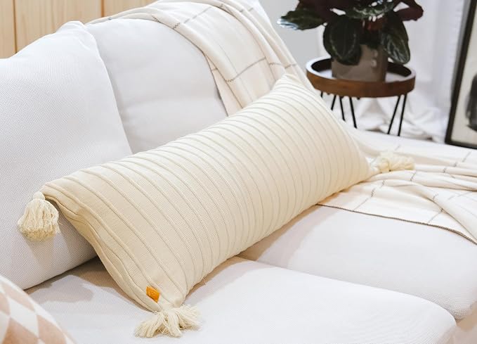 Long Knit Lumbar Pillow Cover – 14x36 Soft Ribbed Cotton with Tassels, Neutral Accent for Calm, Cozy Spaces (Oat Milk)