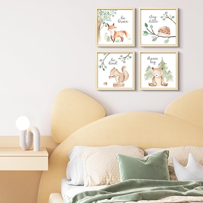 ArtbyHannah Framed Woodland Nursery Wall Decor, 4 Pack Gallery Wall Frame Set Forest Animal Safari Wall Art Prints for Baby Kids Playroom Room Decoration, Cute Artwork Frame 10x10 Inch
