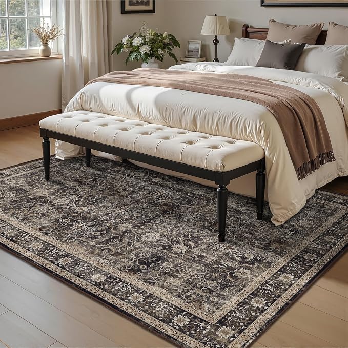 Black Brown 5x8 Washable Area Rugs, Low Pile Thin Lving Room Bedroom Rug Non Slip, Mid-Century Modern Print Carpet Rugs for Dining Room Home Office Vintage Classic Earthy Color