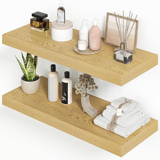 Heimlove 24 inch Floating Shelves for Wall,9.3 inch deep Bathroom Over Toilet Shelf,Wall Mounted Rustic Wood Shelves for,Bedroom,Living Room,Kitchen,Office Decor Set of 2-Oak Color