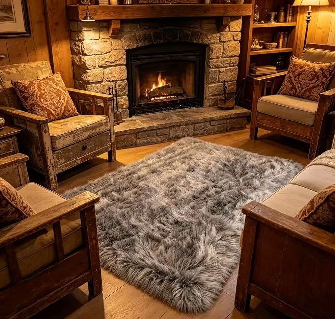 Faux Fur Rug Fluffy Sheepskin Area Rug,Ultra Soft Shaggy Plush Rug Bedroom Living Room Sofa Floor Kids Room Bedside（3 x 5 ft Rectangle Grey）