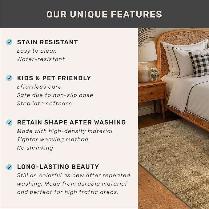 Hazo Haus Large Gold Brown Area Rug for Living Room Table – Rustic Farmhouse 10x12 Washable Rug for Dining Room, Bedroom Under Bed, Non-Slip with Rubber Backing & Stain Resistant