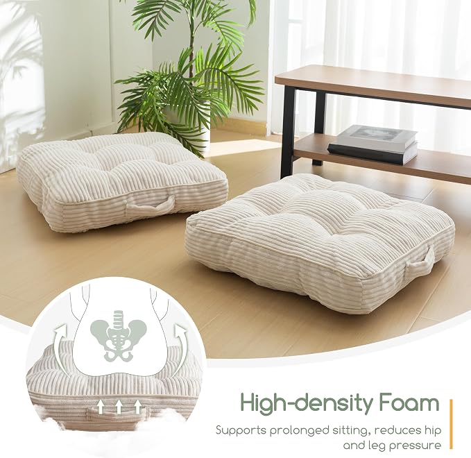 HIGOGOGO Floor Pillow Cushion for Adults, Meditation Cushion Pillow, Large Square Floor Sitting, Tufted Corduroy Cover, for Tatami Living Room or Yoga, 22x22 Inch, Beige