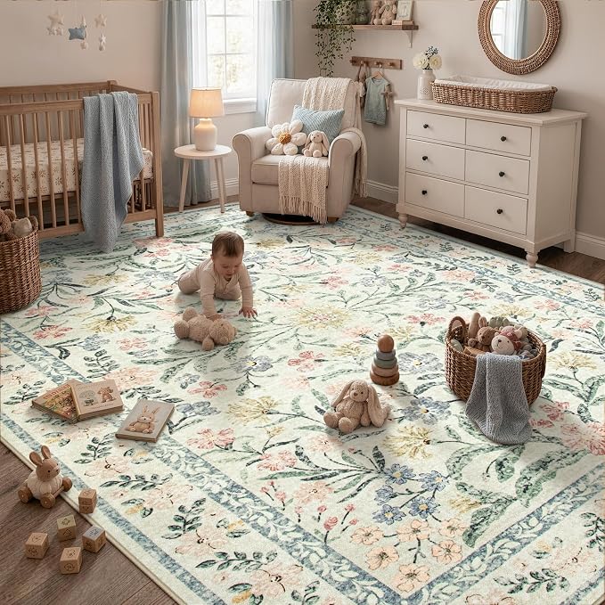 Wonnitar Large Living Room Rug, Floral 10 x 14 Machine Washable Area Rugs, Soft Boho Ultra-Thin Non-Shedding Indoor Aesthetic Carpet for Bedroom Dining Room Office