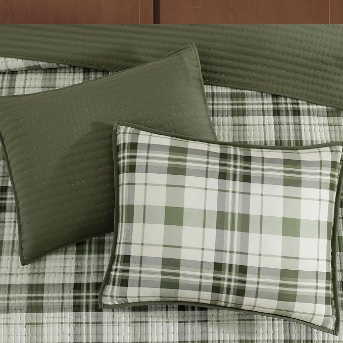 WRENSONGE Plaid King Quilt-3 Pieces Lightweight Bedspread Olive Green Quilt King Size Quilt Bedding Set for All Seasons, Soft Summer Reversible Neutral Coverlet with 2 Pillow Shams