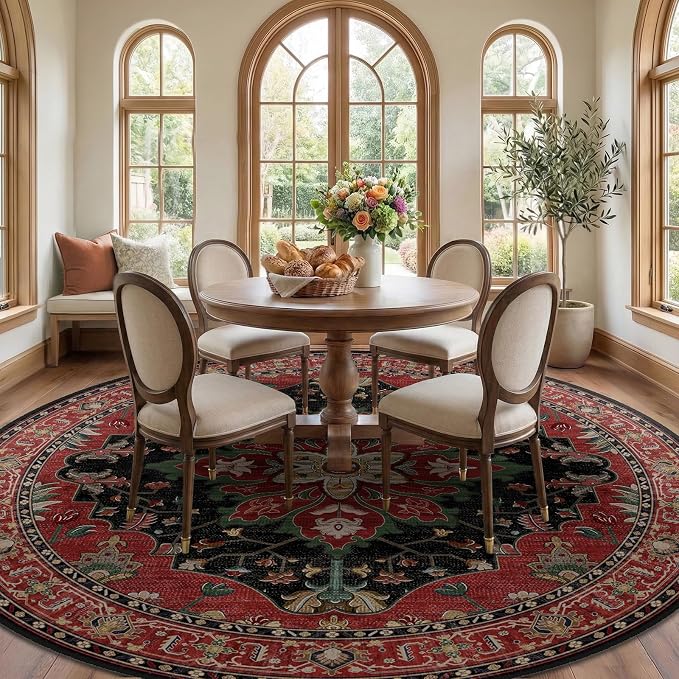 RELEANY Area Rugs Round 8ft Washable Non-Slip, Floral Vintage Distress Medallion Carpet for Living Room Bedroom Dining Room, Red Black