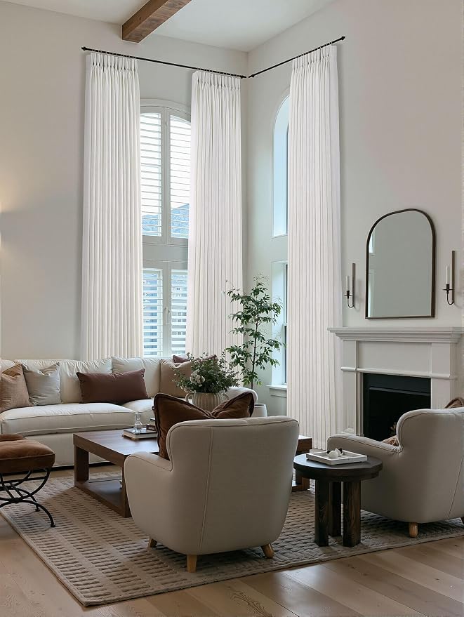 144 Inch Pinch Pleated Linen Curtains for High Ceiling Floor Living Dining Room 2 Panels Set Natural Ivory Cream Beige Privacy Light Filtering Pinch Pleat Curtains 144 Inches Long for 2 Story Window