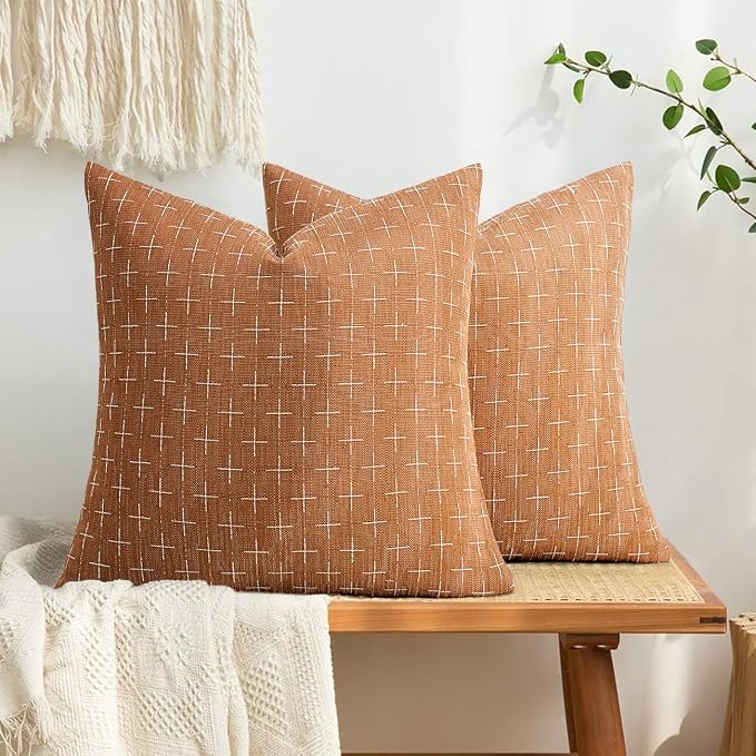 MIULEE Pack of 2 Decorative Burlap Linen Throw Pillow Covers Farmhouse Pillowcases Modern Rustic Woven Textured Cushion Cover for Sofa Couch Bed 24x24 Inch Brick
