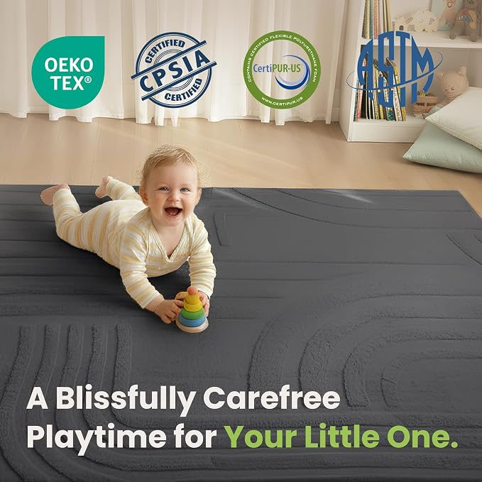 Huloo Sleep 1.3" Thick Fluffy Baby Play Mat for Floor,Elasti Foam Padded Area Rug for Living Room Bedroom,Ultra Soft 3D Carved Kids Rug,Non-Slip Nursery Crawling Mat for Toddlers(Charcoal)