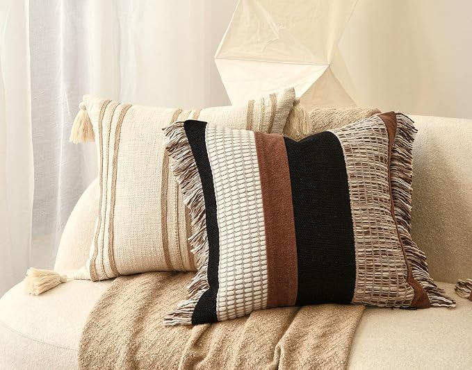 Black Boho Throw Pillow Covers 20x20 inch | Modern Accent Square Pillows Cover for Couch Bed Living Room Decorative