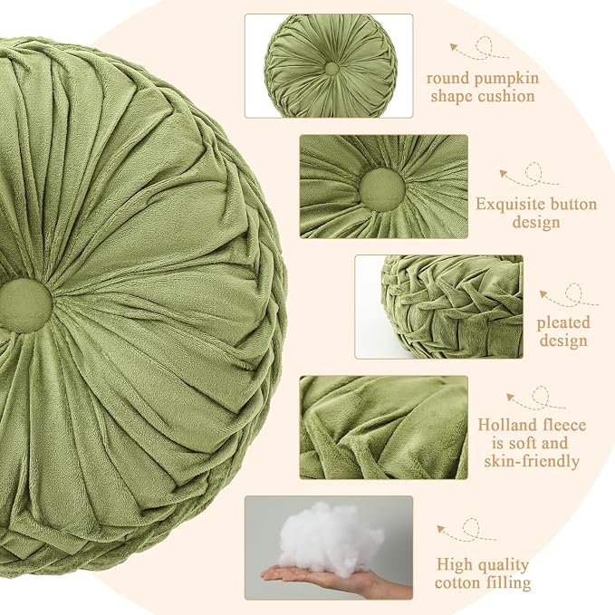 Drydiet 2 Pcs Round Throw Velvet Pillows Decorative Pleated Throw Pillows Diameter Accent Pumpkin Boho Chair Cushion for Couch Sofa Home Decoration (Olive Green,15'')