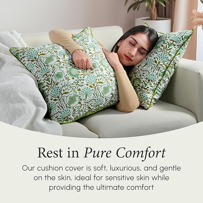 CPC 100% Cotton Throw Pillow Covers 18x18 Inch, Set of 2 Green Block Print Pattern Couch Pillow, Cute Boho Decorative Pillows for Living Room, Bedroom with Hidden Zipper- Agate Green