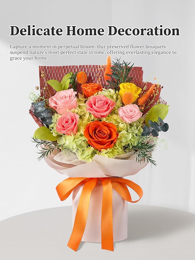 Flomoon Forever Flowers Gifts for Mom, Mothers Day Preserved Flowers Bouquet Birthday Gifts for Her, Preserved Roses for Grandma Wife Anniversary Valentines Day Christmas (7Roses, Orange)