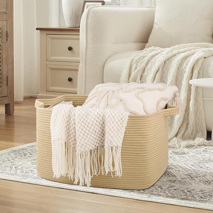 OIASKET Large Blanket Basket, Jute Blanket Storage Living Room, Rectangle Woven Baskets for Storage Toys, Towels, Dirty Clothes Organizer Bins (Jute) (Pack of 2)