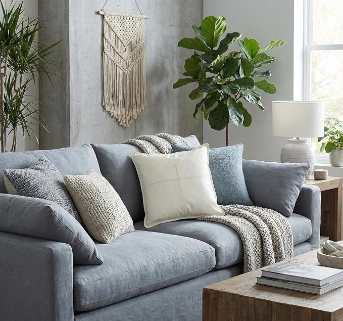 Genuine Leather Pillow Cover Case for Lumbar Throw Couch Pillows - Farmhouse Decorative Modern Sofa Thick & Soft Cushion Covers (White, 24" x 24")