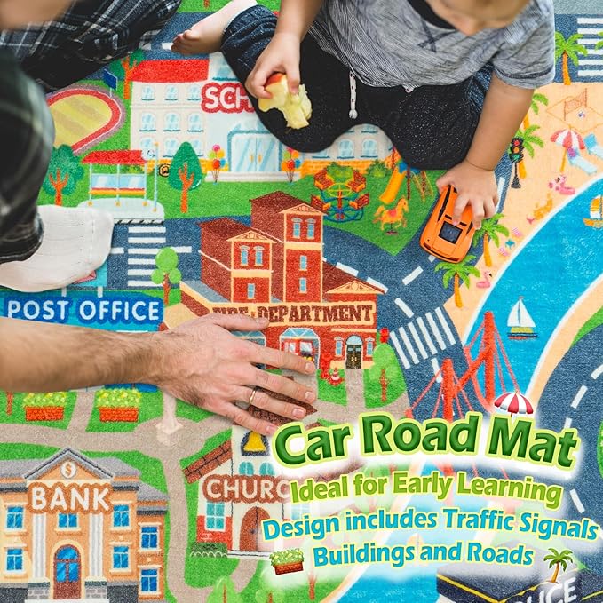 Car Rug Play Mat for Kids Toy Cars, Road Traffic Playmat for Kid Bedroom, Non-Slip Machine Washable Town City Race Track Carpet for Learn and Have Fun 5'x7'/ 60"x84"