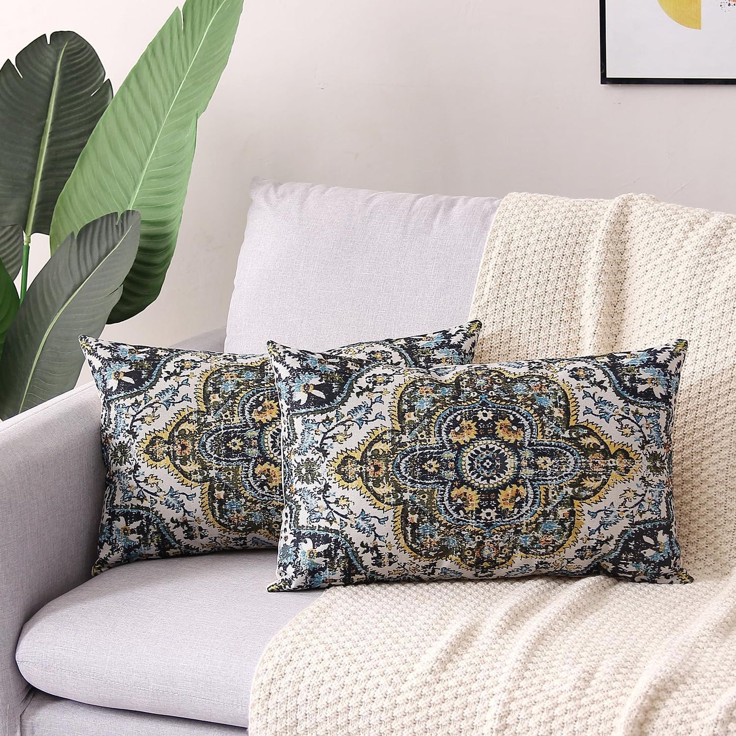 Outdoor Waterproof Pillow Covers 12X20 Set of 2 Bohemian Vintage Carpet Pattern Pillow Covers Green Blue Ethnic Design Decorative Farmhouse Cushion Case for Couch Garden