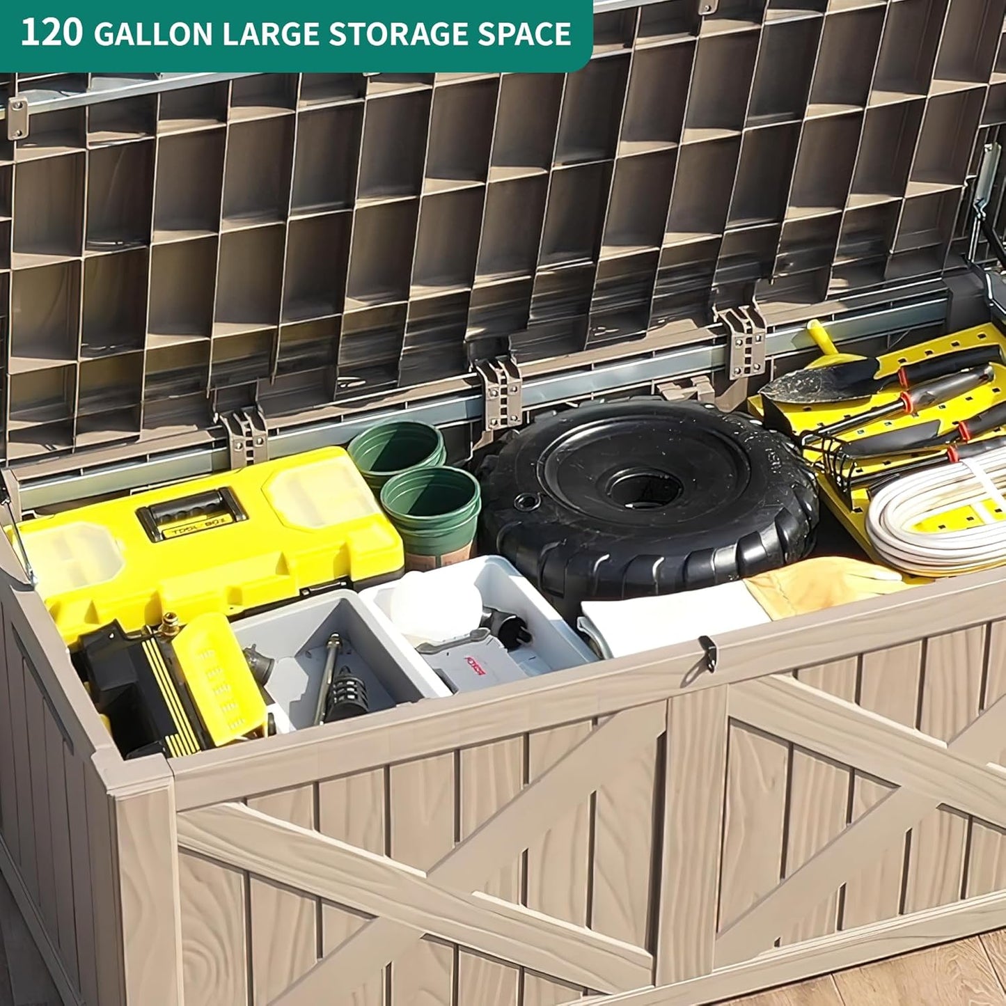 YITAHOME 120 Gallon Large Outdoor Storage Box with X-Shaped Front, Waterproof Resin Deck Box Cushion Storage Bench for Patio, Pool Supplies, Garden Tools- Lockable, Taupe