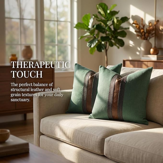 BOYSUM Set of 2 Leather Throw Pillow Covers Cotton Linen Decor Patchwork Pillow Cover Faux Leather Pillows Cover for Couch Sofa Living Room Bedroom,Grass Green 20"x20"