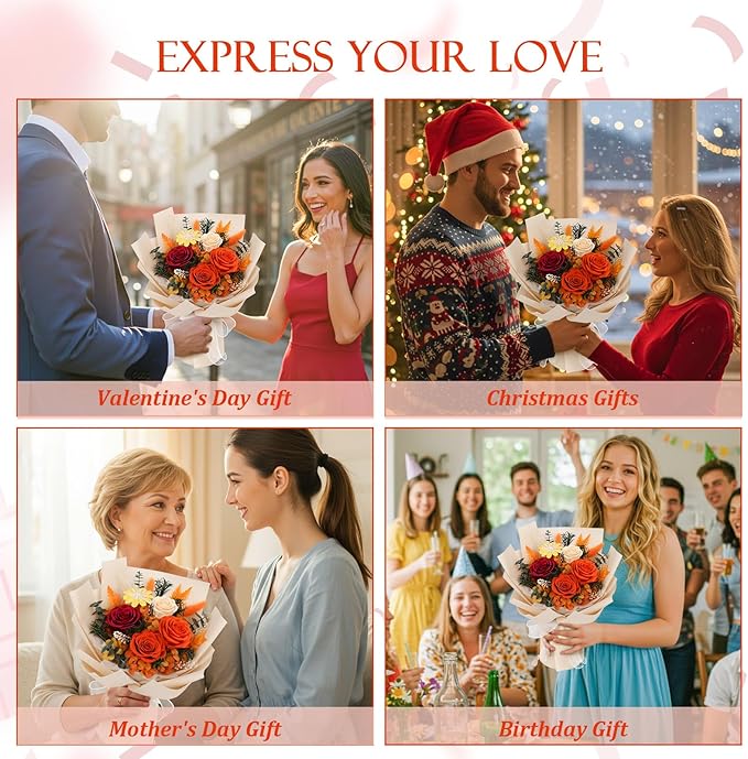 Flowers for Delivery Prime Preserved Flowers Bouquet with Vase That Last 3-5 Years Real Forever Flowers Rose Bouquet for Mom Mother Women Wife Friends Birthday Mother's Day (Orange)