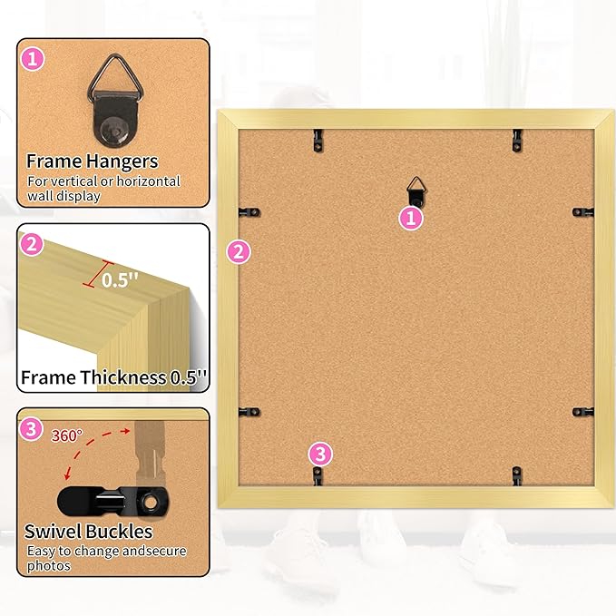 12x12 Picture Frame 2 Pack, Gold Photo Frames Collage for Wall Hanging, 12 x 12 Square Wall Gallery Poster Frame with Clear Plexiglass, Display Pictures 8x8 with Mat or 12x12 Without