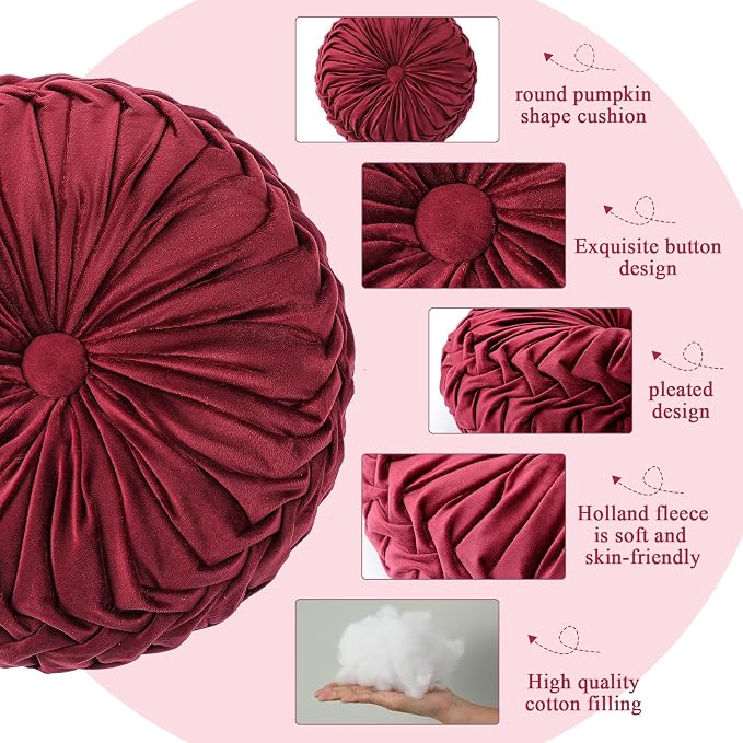 Drydiet 1 Pcs Round Throw Velvet Pillows Decorative Pleated Throw Pillows Diameter Accent Pumpkin Boho Chair Cushion for Couch Sofa Home Decoration (Burgundy,15'')