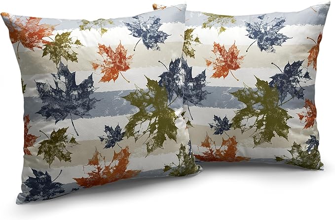 Set of 2 Thanksgiving Fall Pillow Covers Maple Leaves Decorative Pillow Case 16x16 Autumn Cotton Linen Throw Pillow Covers Blue Grey White Stripes Farmhouse Pillow Case for Couch Sofa Car