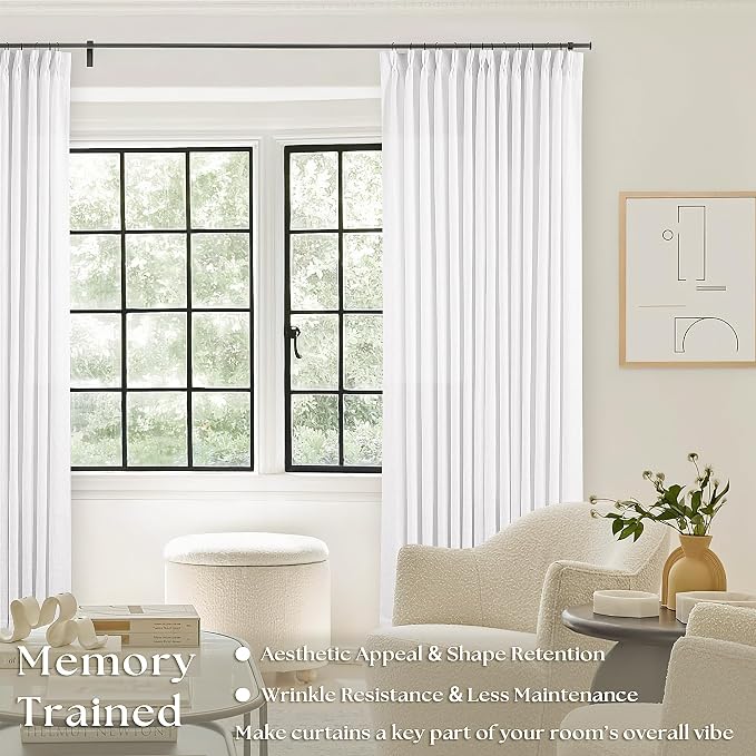 Custom Pinch Pleated 105 Inch Curtains 2 Panels Set for Windows White Linen Blend Curtains Pinch Pleat Back Tab Privacy Light Filtering Boho Drape with Hooks and Rings for Living Room Bedroom