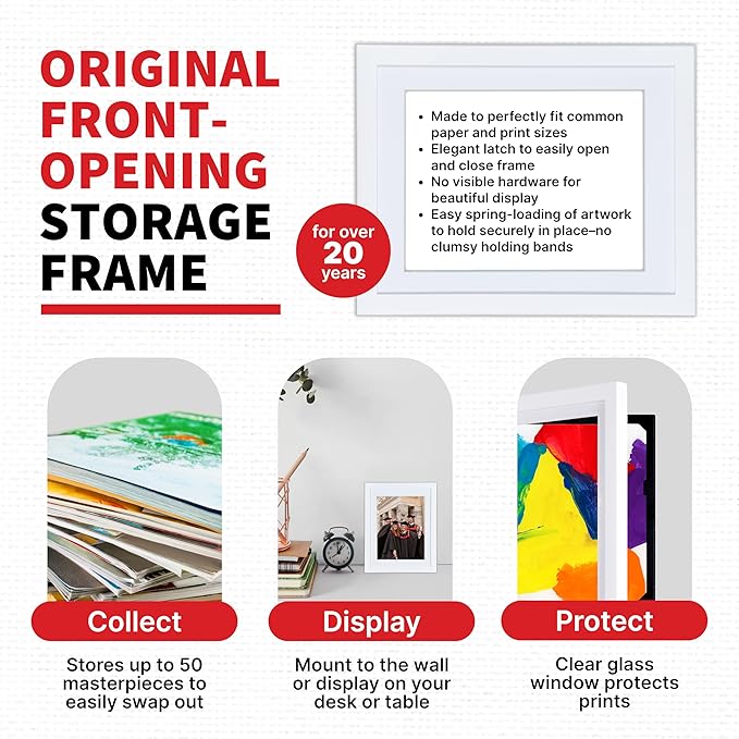 Dynamic Frames Li’l Davinci Art Cabinet, Stores up to 50 Pieces of 8.5 x 11 inch Art, Outer Wooden Frame Dimensions 11.75 x 14.75 inches, Changeable Kids Art Frame, Front Opening, White
