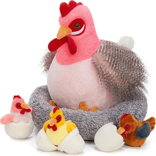 MaoGoLan 8Pcs Chicken Stuffed Animals, Stuffed Laying Hen Chicken Plush Toys with 3 Babies Chickens and 3 Eggs,1 Nest House Plush Set, Cute and Soft Farm Stuffed Animals Gift for Kids,Girls,Boys,Pink
