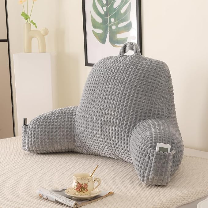 Reading Pillow with Arms for Bed Sitting,Gray Flannel | Large Supportive Backrest with Arms Helps Ease Neck,Shoulder & Arm Strain While Gaming Reading or Watching TV