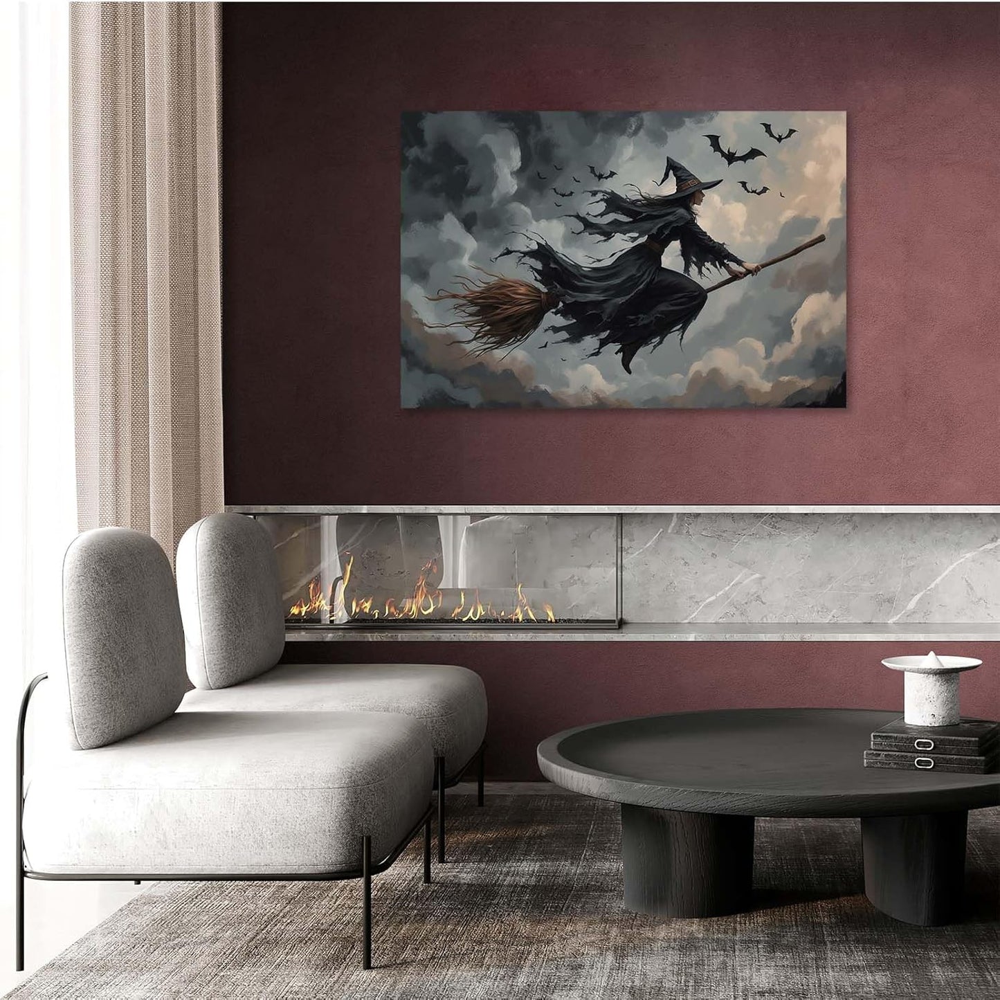 Witch and bat flying Halloween poster suitable for home party wall decoration retro Halloween preppy style wall art canvas print suitable for room decoration20x30in Wood Framed