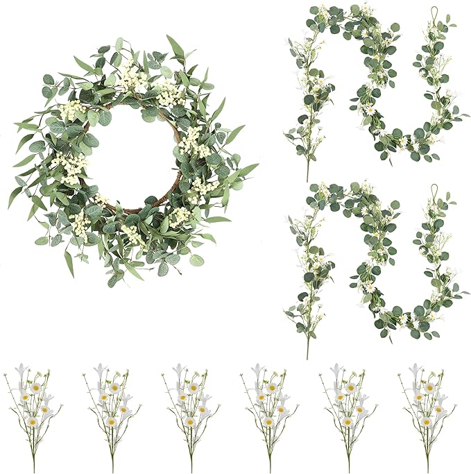 Pinkpum 20'' Eucalyptus Wreath 6FT Flower 17'' Artificial Silk Flowers Set 9 for Front Door White Floral Fireplace Table Hanging Porch Wall Home Decor Farmhouse Indoor Outdoor Summer Spring Garland