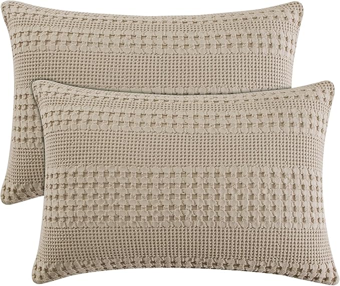 PHF 100% Cotton Waffle Pillow Shams Standard Size, 2 Pack 20" x 26" Soft Skin-Friendly Pillowcases, No Filling, Aesthetic Woven and Breathable Waffle Weave Pillow Case Covers for Bed, Simply Taupe