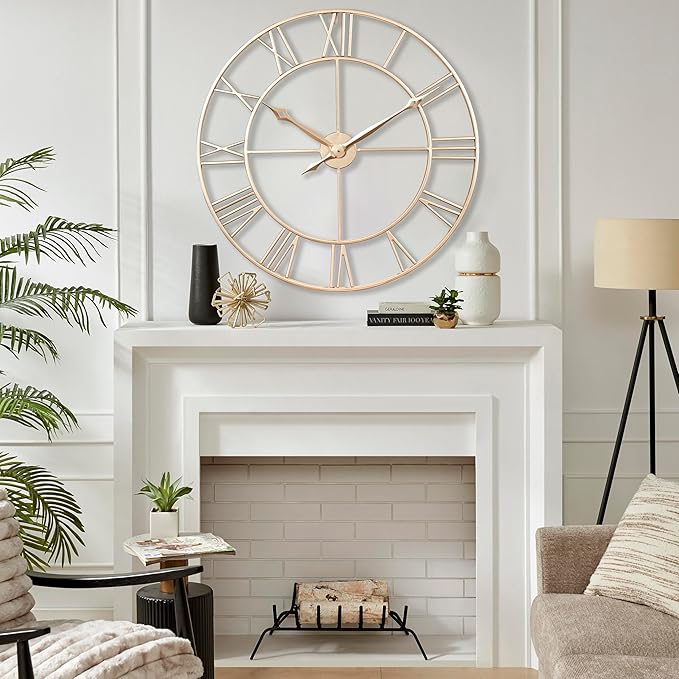 CLXEAST Champagne Gold 30 Inch Wall Clock,Large Modern Metal Roman Numeral Wall Clocks Living Room Decor,House Warming Gifts New Home
