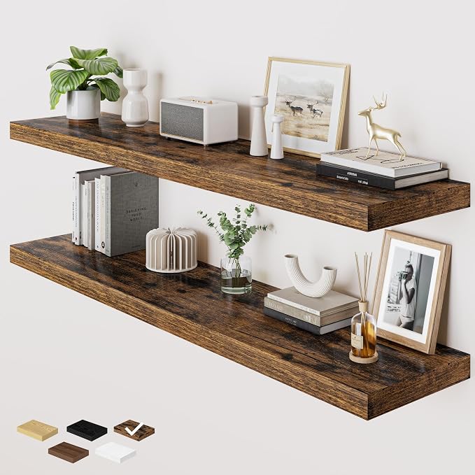 RICHFOCUS 55 Inch 12" D Floating Shelves for Wall 2 Pack Long Wall Shelves for Room Wall|Large Wood Hanging Shelf with Invisible Brackets for Bathroom Bedroom Kitchen Laundry Room, Rustic Brown