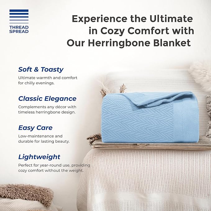 THREAD SPREAD 100% Pure Cotton, Luxury Twin/Twin XL Size Light Blue Blanket - Herringbone Pattern, Soft & Cozy Premium Fall Throw Blanket for All Seasons, 350 GSM & 68 x 92 with Free Tote Bag