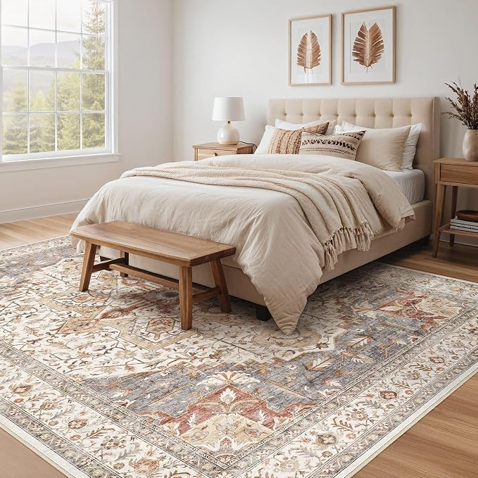 Tortania Area Rug Living Room Rugs - 10x12 Washable Boho Rug Vintage Oriental Distressed Farmhouse Large Thin Indoor Carpet for Living Room Bedroom Under Dining Table Home Office - Orange Multi