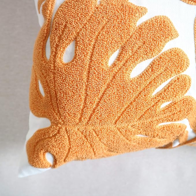 Embroidery Throw Pillow Covers 18x18 Home Decor Floor Pillow Cover for Couch Bed Chair 100% Cotton Loop Embroidered Orange Tropical Leaves Cushion Cover Square Pillowcase 45x45cm, 1 Piece