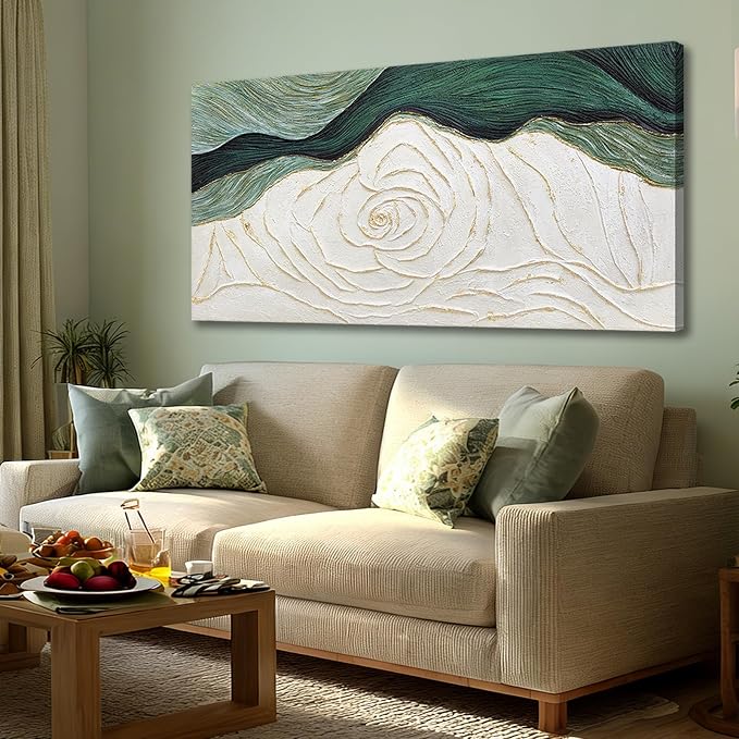 Dolidoteart Canvas Wall Art, Green Abstract Wall Art Print with Textured Hand-Painted Look, Sage Green Cream Gold Horizontal Artwork for Office Living Room Bedroom, 24x48 Inch