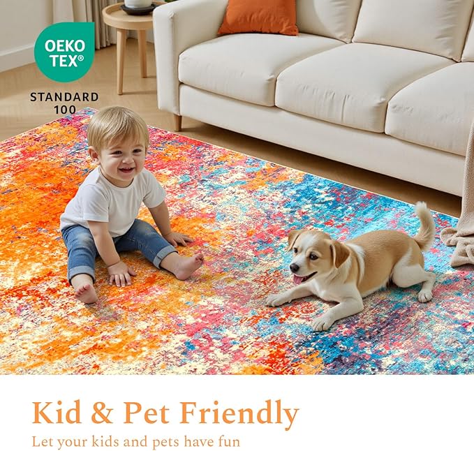 Rugflix 8x10 Area Rugs for Living Room, Washable Large Multicolor Rug Stain-Resistant Low Pile, Modern Carpet for Dining Room Home Office Kid Room Nursery Bedroom, Colorful Rainbow