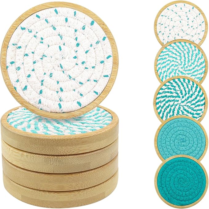 Eykao Bamboo Coasters for Drinks, Absorbent Coaster Sets of 5, Woven Drink Coasters for Coffee Table, Housewarming Gift for Farmhouse Home Decor,4 inches (Lake Blue Series)