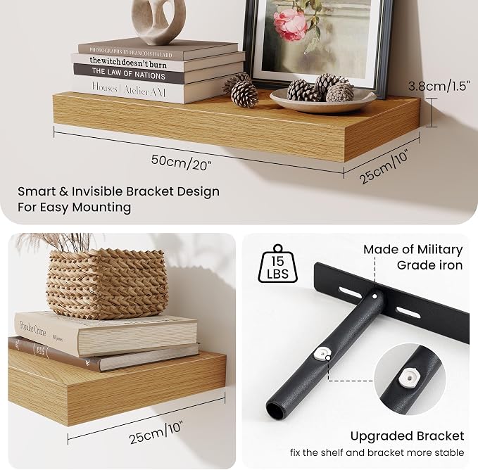 Fun Memories Wood Floating Shelves 20 Inch, 10 Inch Deep Shelves Wall Mount, Wall Shelves with Invisible Bracket, 20" Floating Shelves for Living Room Bathroom Bedroom, Oak, Set of 3