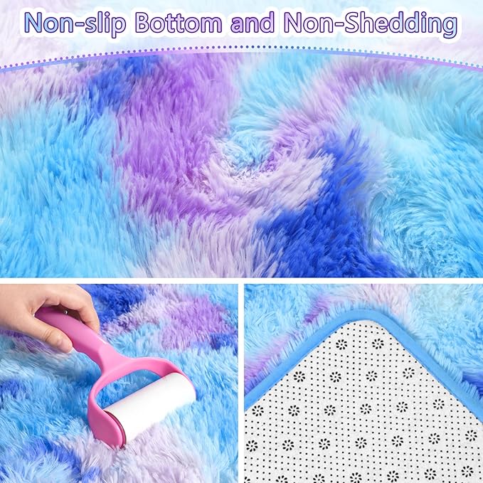 AROGAN Soft Rainbow Area Rugs for Girls Room 4x6 Feet, Fluffy Cute Colorful Princess Carpet for Kids Teens Nursery Toddler Dorm Bedroom Classroom, Blue and Purple