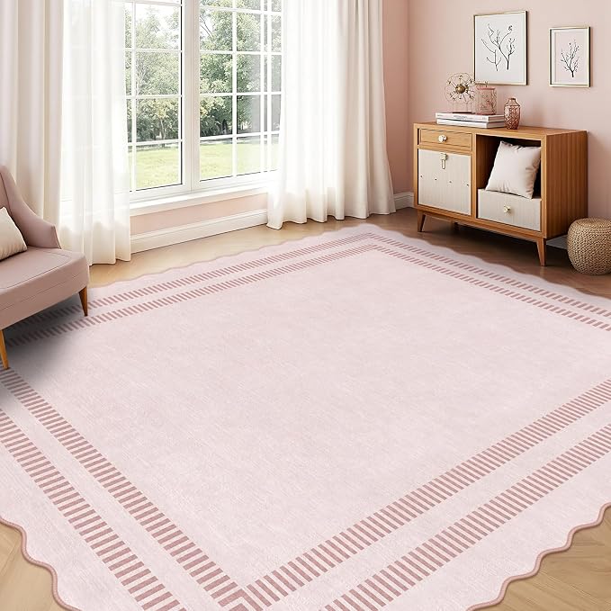 Pink Rugs for Living Room 9x12, Machine Washable Scalloped Area Rugs for Bedroom Girls, Non Slip Ultra-Thin Low-Pile Carpet for Playroom Nursery Kids Room
