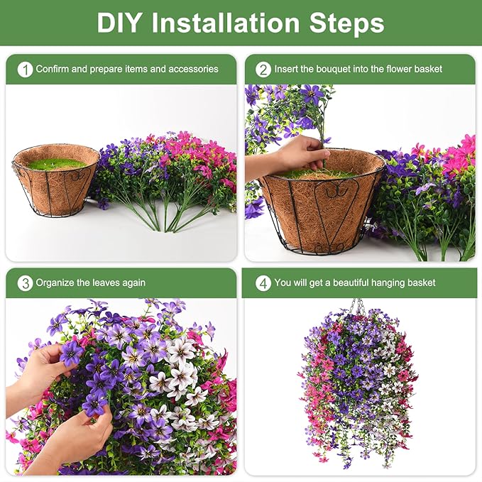 INQCMY Artificial Fake Hanging Plants Flowers Basket for Spring Outdoor Outside Porch Decoration,UV Resistant Faux Silk Flower in Planter for Home Patio Balcony Garden Yard Decor,Mixed Color