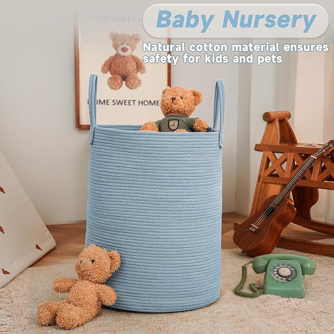 JMvicyroam Large Woven Laundry Basket Hamper,80L Cotton Rope Storage Bin for Blankets,Toys and Clothes,Decorative Tall Nursery Hamper for Living Room,Baby Nursery,Bathroom and Bedroom,Blue